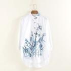 Literati Painting Embroidered Long-sleeve Shirt White - One Size