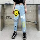 Graphic Print Cropped Straight Leg Jeans