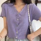 Short-sleeve V-neck Frilled Trim Cropped Cardigan