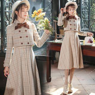 Set: Plaid Double Breasted Jacket + Sleeveless A-line Dress