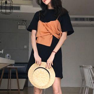 Set: Short-sleeve T-shirt Dress + Spaghetti Strap Cropped Top