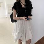 Short-sleeve Cropped Cardigan / Mini A-line Skirt / Lace Camisole Top