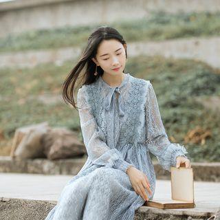 Tie-neck Long Sleeve Lace Dress