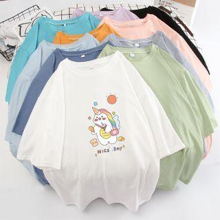 Unicorn Print Elbow-sleeve Oversize Tee