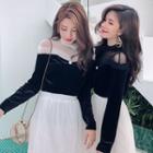 Long-sleeve Velvet Top / Tiered Midi Skirt