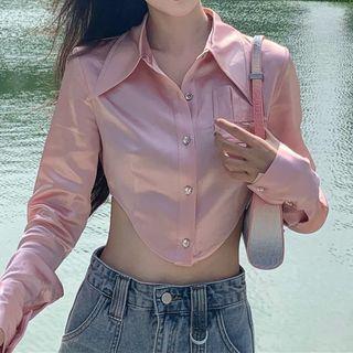 Satin Crop Shirt Pink - One Size