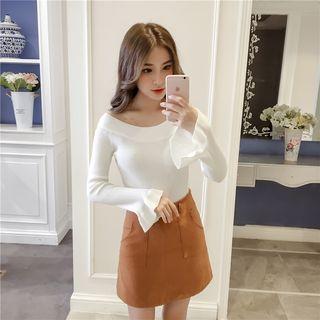 Off-shoulder Bell-sleeve Ribbed Knit Top