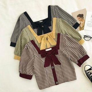 Color-block Plaid Puff-sleeve Top