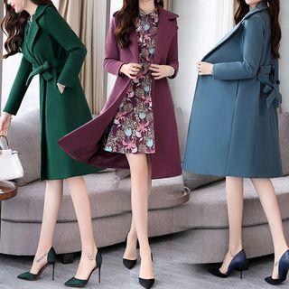 Set: Flower Print Long-sleeve A-line Dress + Open Front Coat