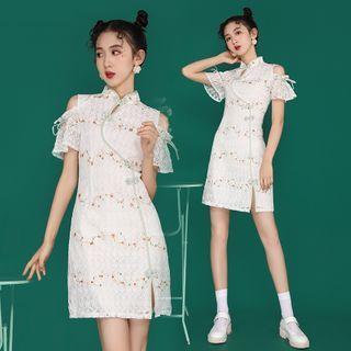 Cold-shoulder Short-sleeve Mini A-line Lace Qipao