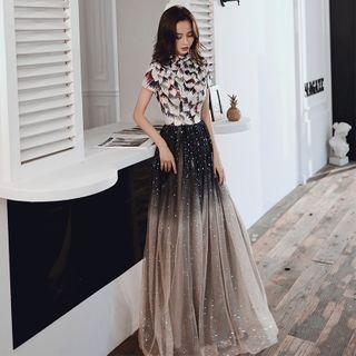Short Sleeve Pattern Sequined Panel Gradient Evening Gown