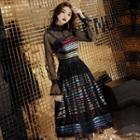 Sleeveless Striped A-line Evening Dress / Long-sleeve Sheer Top / Set