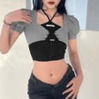 Set: Short-sleeve Lace-up Crop Top + Halter Camisole Top
