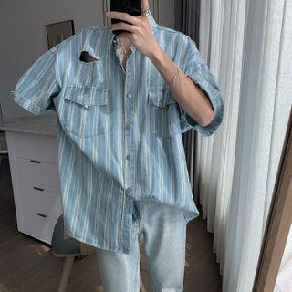 Elbow-sleeve Distressed Striped Denim Shirt