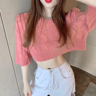3/4-sleeve Cropped Cable Knit Sweater