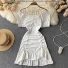 Short-sleeve Suspender Off-shoulder Plain Drawstring Dress