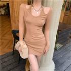 Long-sleeve Cutaway-shoulder Dress Khaki - One Size