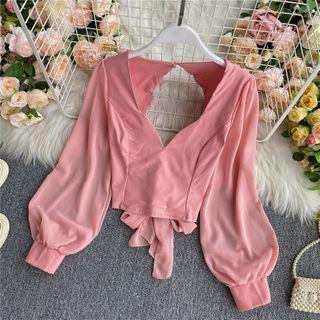 Open-back Bow-detail Long-sleeve Blouse