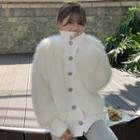 Stand-collar Button-up Fluffy Jacket White - One Size