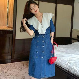Puff-sleeve Collared Double-breasted A-line Denim Dress (various Designs)