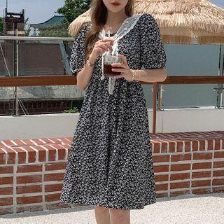 Floral Print Dress With Crochet Scarf Black - One Size