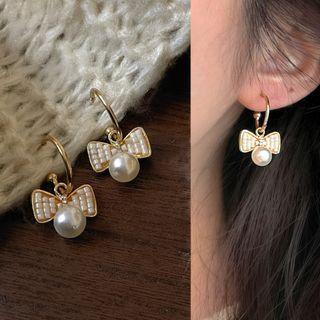 Bow Faux Pearl Alloy Dangle Earring 1 Pair - 2696a - Gold - One Size