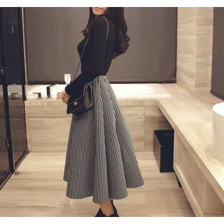 Set: Mock-neck Long-sleeve Knit Top + Striped Midi A-line Skirt