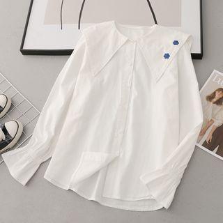 Bell-sleeve Collar Flower Embroidered Blouse White - One Size