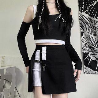 Long-sleeve Cold-shoulder Mock Two-piece T-shirt / Mini A-line Skirt