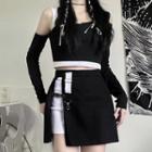 Long-sleeve Cold-shoulder Mock Two-piece T-shirt / Mini A-line Skirt