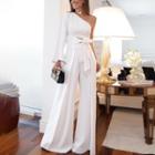 Set: One-shoulder Tie-side Blouse + Wide Leg Pants