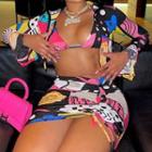 Set: Print Zip-up Cropped Jacket + Mini Pencil Skirt + Bikini Top