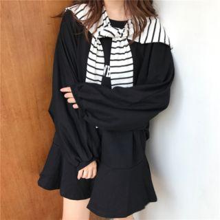 Long-sleeve A-line Dress With Striped Shawl