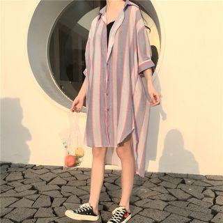 3/4-sleeve Striped Long Shirt Light Blue - One Size