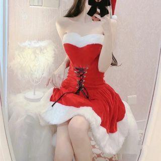 Set: Strapless Lace-up Mini Santa Dress + Santa Hat