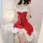 Set: Strapless Lace-up Mini Santa Dress + Santa Hat