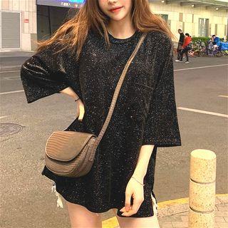 Short Sleeve Glitter Top Black - One Size