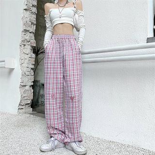 Plaid Heart Embroidered Straight Leg Pants