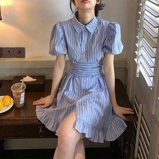 Puff-sleeve Striped Frill Trim Mini A-line Dress