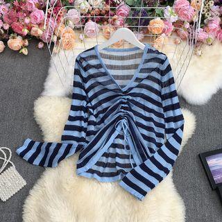 Long-sleeve V-neck Striped Drawstring Knit Top