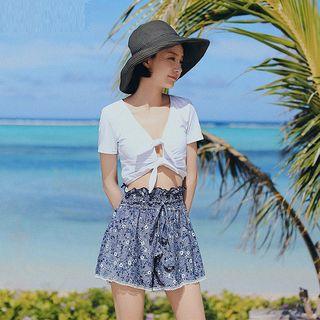 Set: Short-sleeve Swim Top + Bottom + Cover-up Shorts