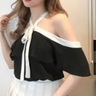 Contrast Trim Cold Shoulder Frilled Elbow-sleeve Blouse