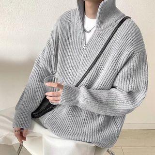 High-neck Long-sleeve Plain Zip Knit Cardigan