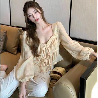 Long-sleeve Frill Trim Tie-front Blouse / Wide Leg Pants
