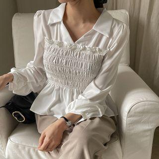 Collared Smocked Peplum Blouse