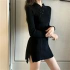 Plain Long-sleeve Slim-fit Qipao Dress Black - One Size