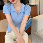 Plain Short-sleeve Slim-fit Zip Knit Top