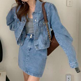 Long-sleeve Cropped Denim Jacket / High-waist A-line Denim Mini Skirt