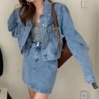 Long-sleeve Cropped Denim Jacket / High-waist A-line Denim Mini Skirt
