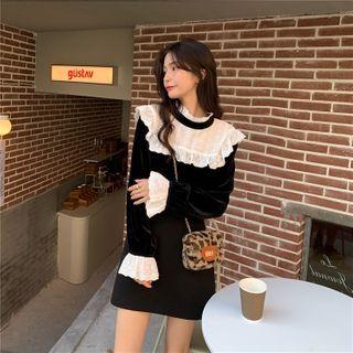 Mock-neck Lace Ruffle Velvet Dress